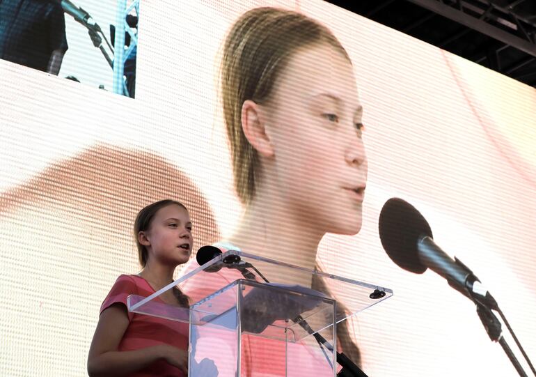 La activista Greta Thunberg habla durante la denominada "Global Climate Strike" o "Huelga del Clima", en Nueva York (Estados Unidos).