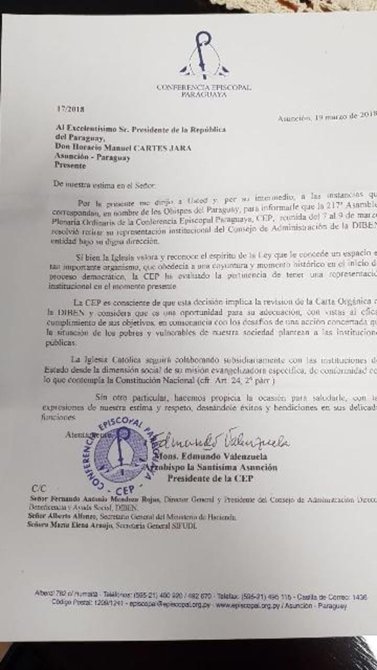 Nota remitida hoy al presidente Cartes. 