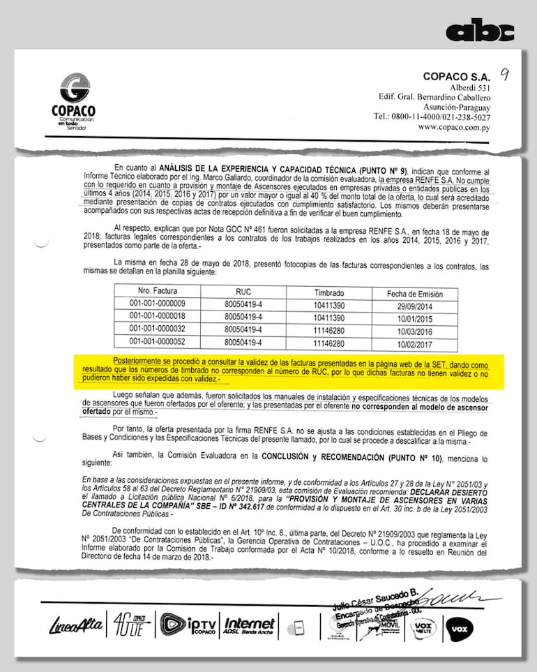 La Compañía Paraguaya de Comunicaciones (Copaco SA) eliminó dos veces la oferta y por la misma razón: facturas fraudulentas.