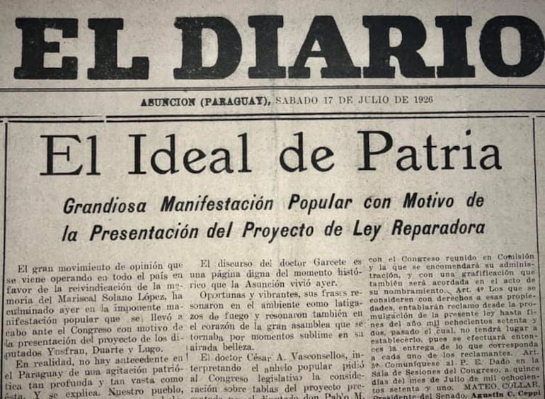 Recorte de "El Diario" de Asunción, edición del 17 de julio de 1926.