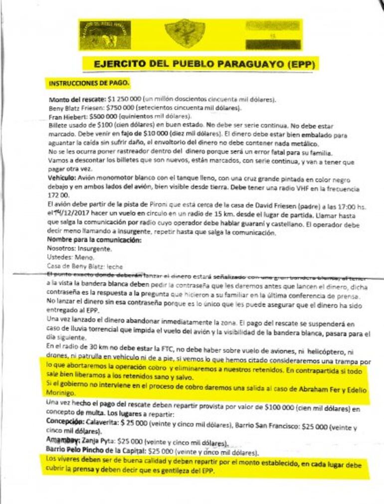 Carta enviada por el EPP a la familia Blatz y Hiebert. 