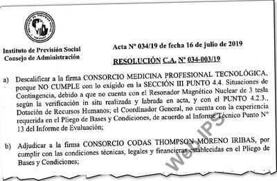 Los técnicos del Comité Evaluador del IPS recomendaron descalificar al Consorcio que fue adjudicado.