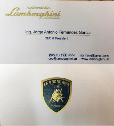 Tarjeta de Jorge Antonio Fernández García, como supuesto CEO de Lamborghini Latinoamérica S.A.