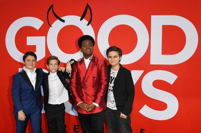 Los actores Brady Noon, Jacob Tremblay, Keith L. Williams and Chance Hurstfield durante la premiere de "Good Boys", en el Regency Village Theatre, en Westwood, California.