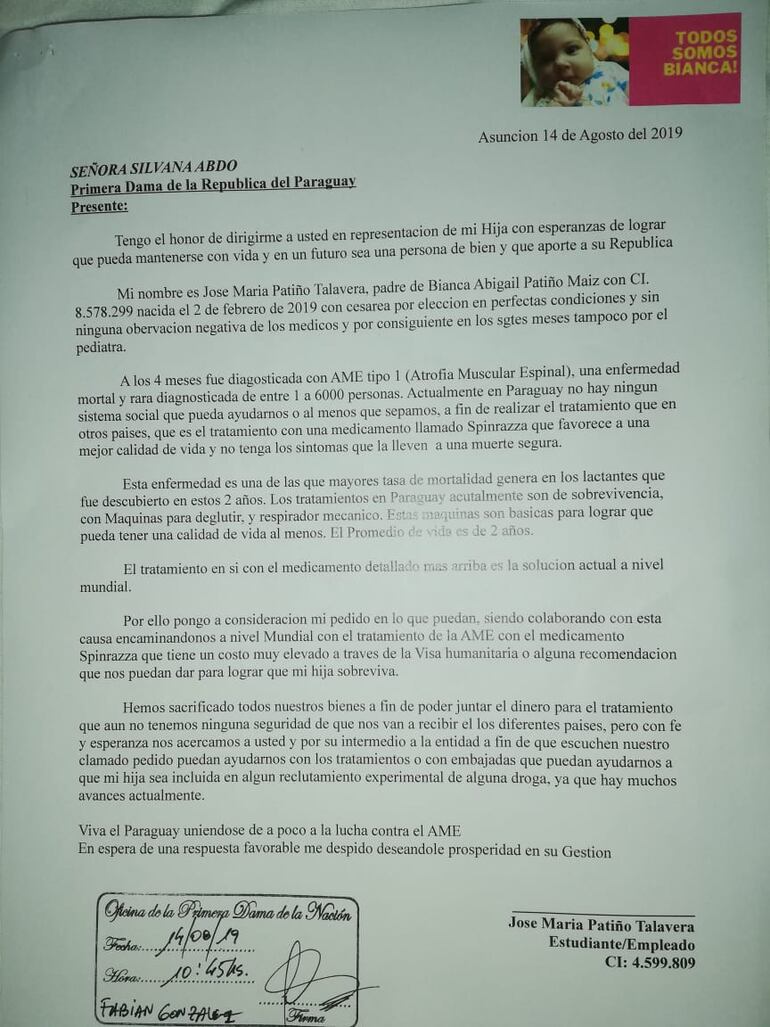 Una de las notas que enviaron los padres de Bianca Abigail. En este caso, a la primera dama de la Nación, Silvana Abdo.