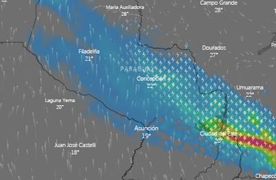 Pronóstico de nubes de lluvia sobre parte del territorio paraguayo en la madrugada del viernes.