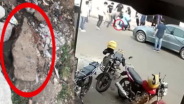Capturas de los videos donde se observa como una turba agrede salvajemente -aparentemente con un cascote- a quién inicialmente fue sindicado como el agresor.