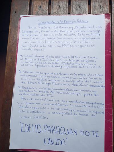 La nota publicada por la familia de Edelio Morínigo.