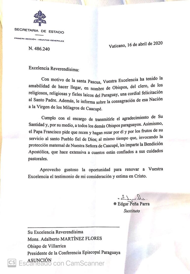 Carta del mensaje del papa Francisco.