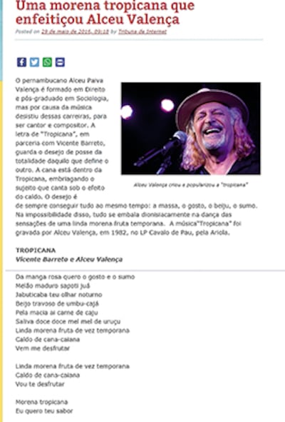Una nota sobre la “morena tropicana que hechizó” al cantante Alceu Valença en el sitio www.tribunadainternet.com.br