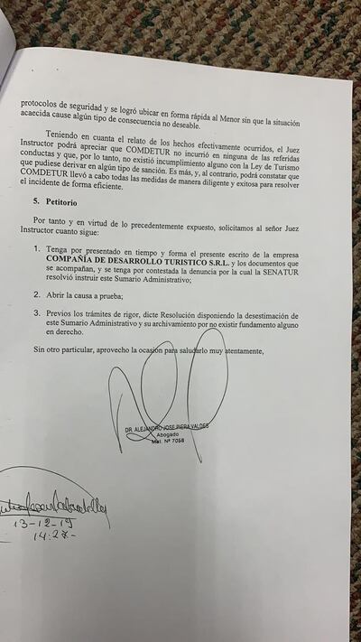 Respuesta de la empresa Comdetur al sumario instruido por el extravío de un menor a su cargo.