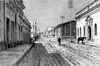 La Capital, Asunción, con su aspecto de abandono en febrero de 1868. La calle Palma esquina 14 de Mayo se veía de esta forma, de acuerdo a un dibujo de Taylor sobre una fotografía de Chadiot.
