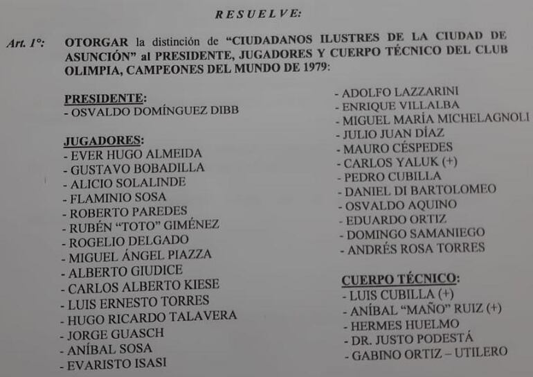 La lista de los homenajeados en la que faltó por error el nombre de Miguel Angel Garcete.