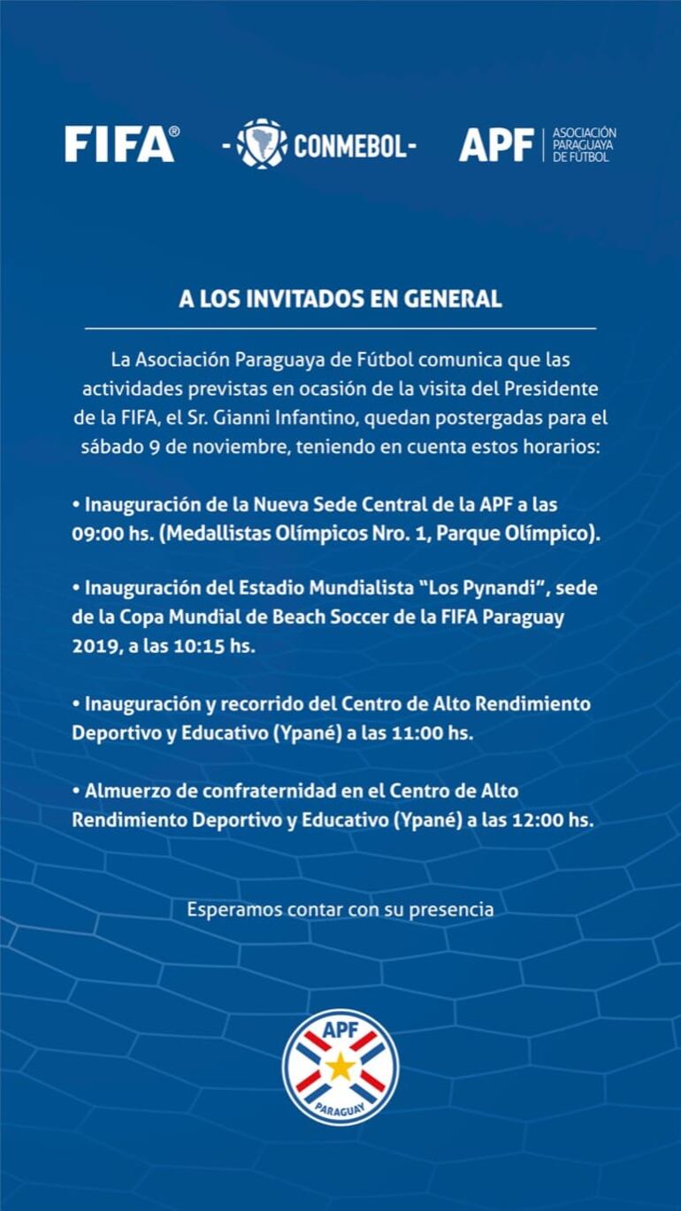 Parte de la agenda del presidente de la Fifa, Gianni Infantino durante su visita a nuestro país.