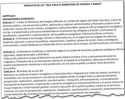 Primera página del proyecto de ley que crea el Ministerio de Energía y Minas, elaborado en la Comisión de Entes Binacionales de la Cámara de Diputados.
