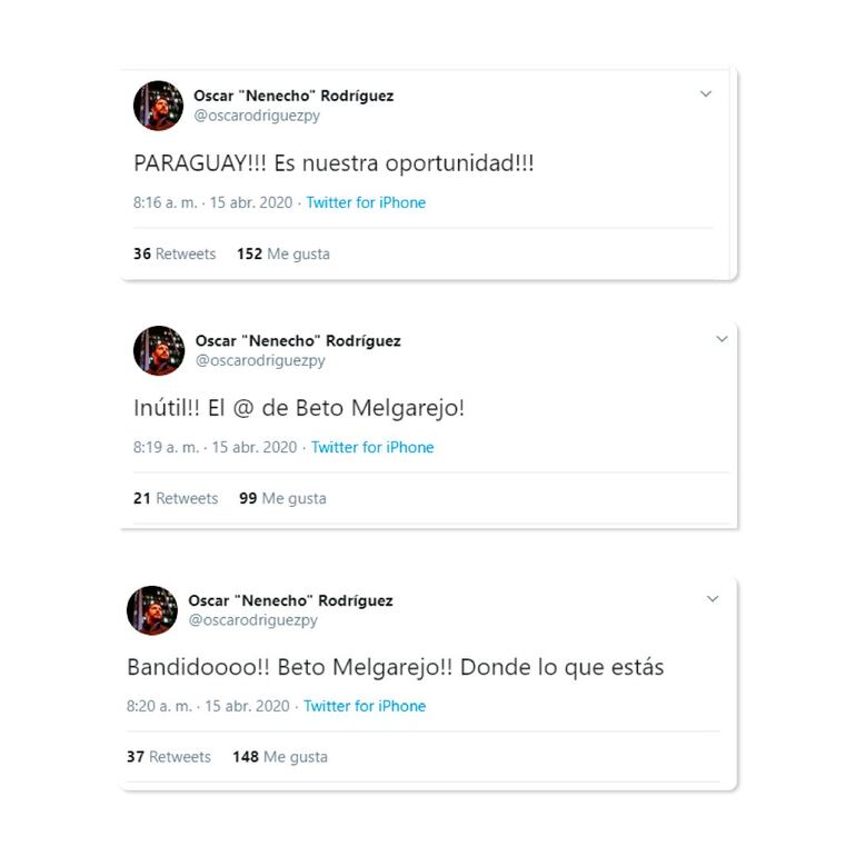 Tuits publicados por Rodríguez en su cuenta de Twitter este miércoles.