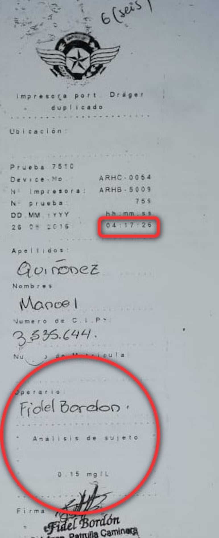 Resultado del alcotest, dos horas después del accidente. 