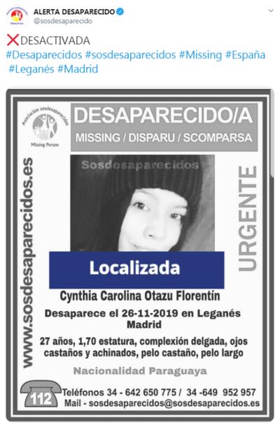 Cynthia Carolina Otazú Florentín había sido reportada como desaparecida el 26 de noviembre.