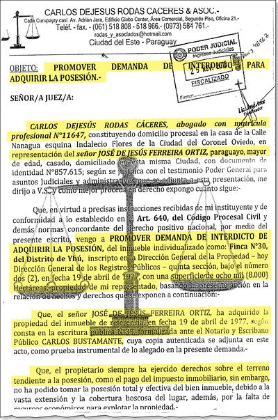 Presentación de la demanda promovida por Ferreira Ortiz para obtener la posesión de las tierras de la reserva Morombí