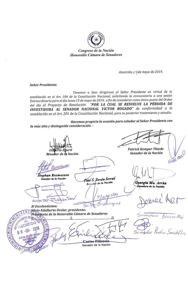 Nota presentada por los que proponen la expulsión de Bogado. 