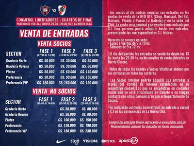Los precios de las entradas para la revancha de cuartos de final contra River Plate.