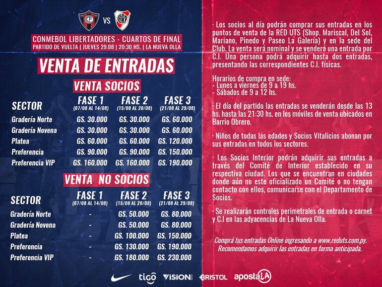 Los precios de las entradas para la revancha de cuartos de final contra River Plate.