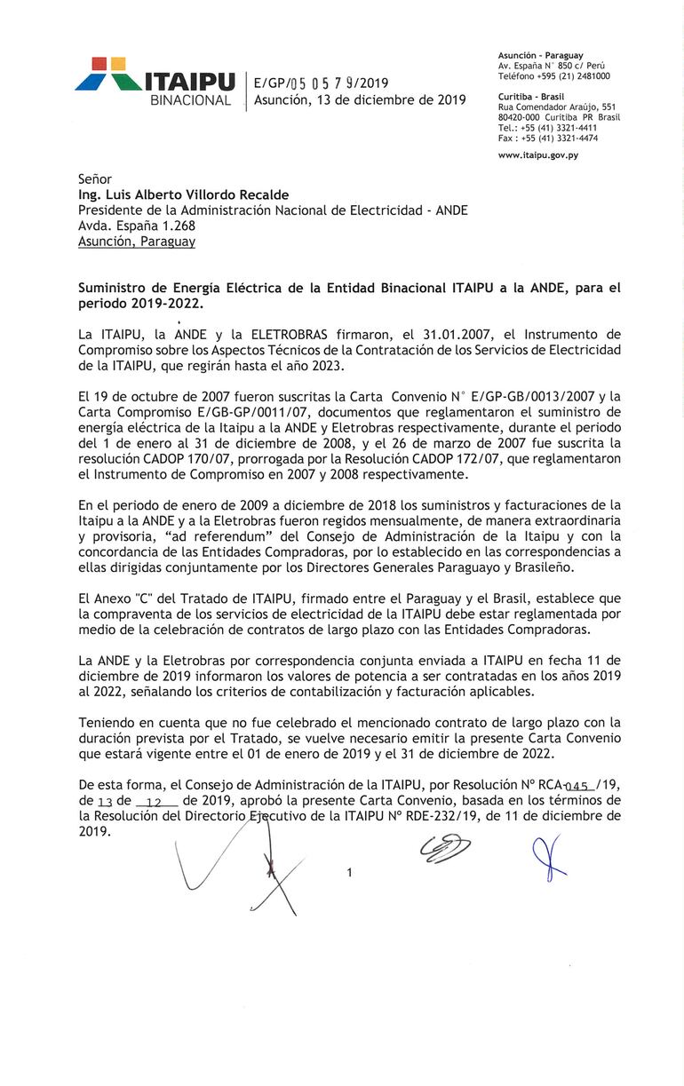 Carta Convenio entre Paraguay y Brasil sobre Itaipú, página 1.