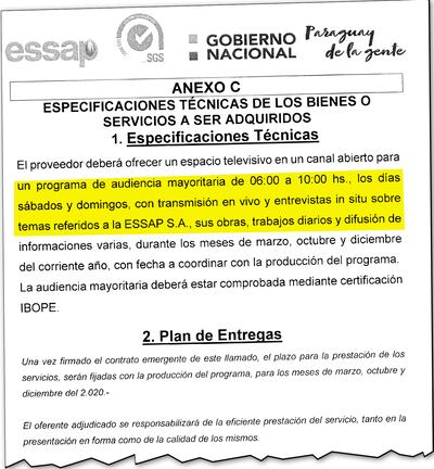 Parte de las especificaciones técnicas presentadas por Essap para la adquisición de programas en espacios televisivos y por los que pagará una millonada.