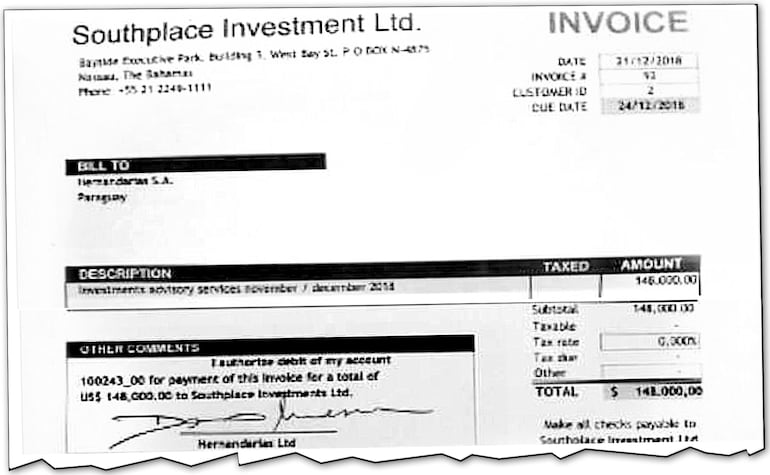 Factura emitida por la empresa Southplace Investment Ltd, de Estados Unidos, a nombre de la empresa de Darío Messer, “Hernandarias Ltd”, por consultoría en inversiones mientras el “doleiro de doleiros” estaba prófugo. Él mismo firma el documento.