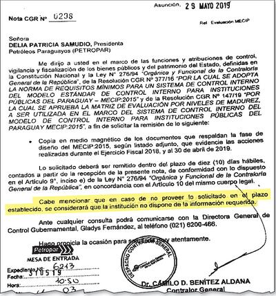 El 29 de mayo, Petropar recibió una nota en la que Contraloría solicitaba la remisión de documentos sobre su Sistema de Control Interno y advertía consecuencias de  falta de respuesta.