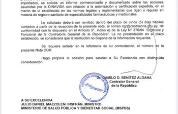 Solicitud de informes hecha por el contralor Camilo Benítez.