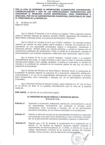 Resolución del Ministerio de Salud respecto a la domperidona inyectable.