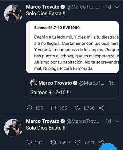 El presidente del club Olimpia, Marcos Trovato, escribió en sus redes sociales pasajes bíblicos y algunos emojis, en modo de defensa ante las acusaciones que pesan en su contra.