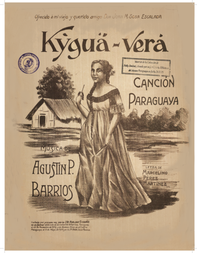 Rara partitura para piano de la composición "Kygua vera", escrita pro Agustín Pío Barrios.