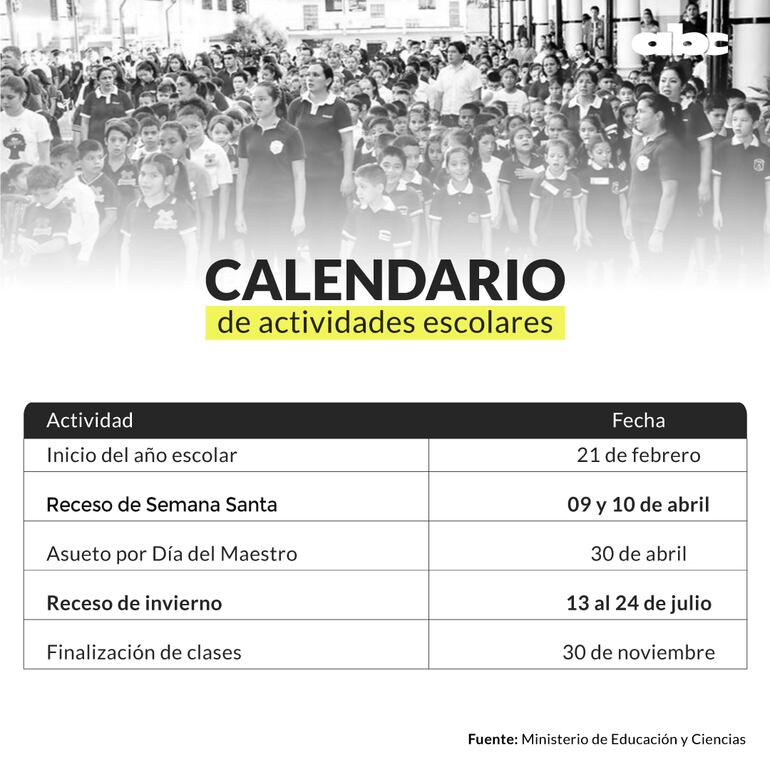 Calendario escolar para el año 2020.