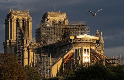 La luz matinal brilla sobre la catedral de Notre Dame en obras en París, Francia.