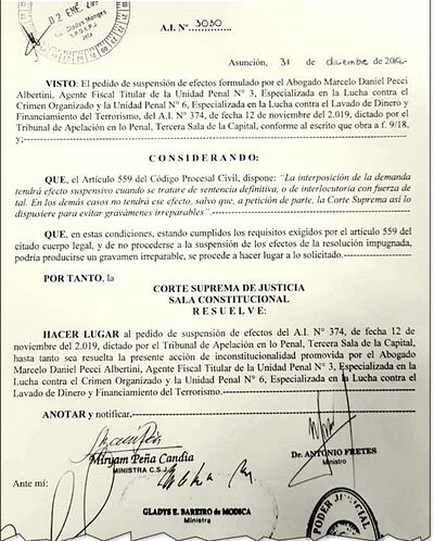 Resolución emitida el 31 de diciembre de 2019 por la Corte, con la cual quedó sin efecto la resolución del juez de Capitán Bado.