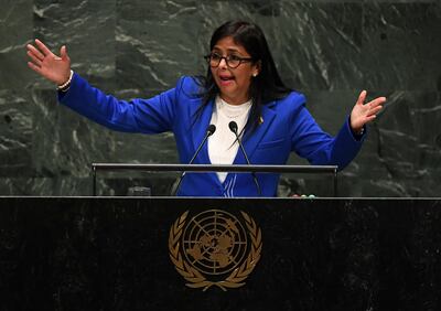 Delcy Rodriguez Gomez, vicepresidente de Venezuela, durante su alocución ante la Asamblea General de las Naciones Unidas.