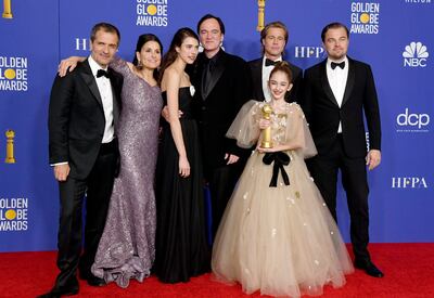 David Heyman, Shannon McIntosh, Margaret Qualley, Quentin Tarantino, Brad Pitt, Julia Butters y Leonardo DiCaprio.