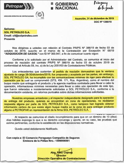Parte de la nota enviada el 31 de diciembre último a Sol Petróleo por el responsable de Contrataciones  de Petropar, Félix Chávez, en la que anuncia el inicio de rescisión de contrato.