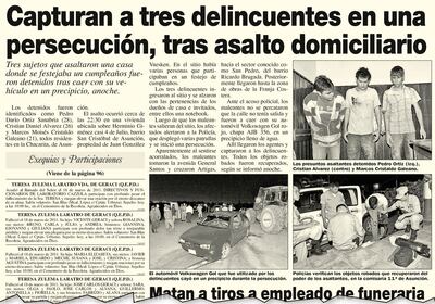 Publicación de ABC Color del 19 de marzo de 2011, sobre la captura de los asaltacumpleaños, entre ellos Marco Moisés Cristaldo Galeano (en círculo).