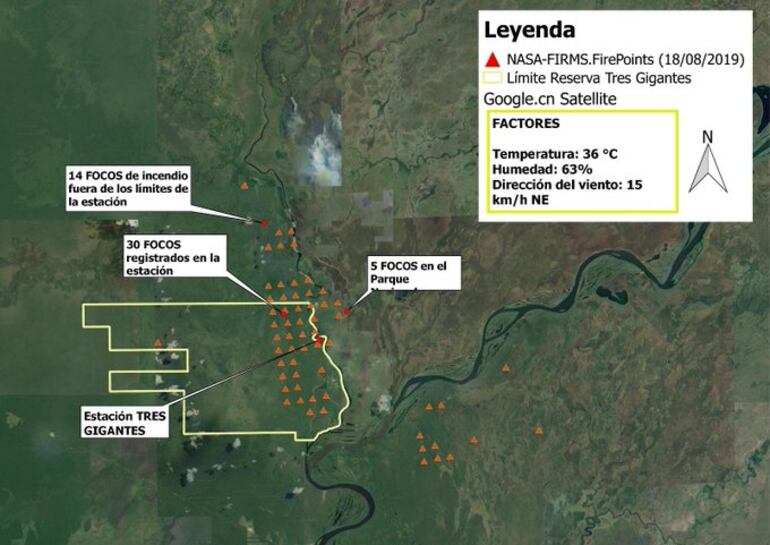 Imágenes satelitales de los focos de incendio en la reserva.