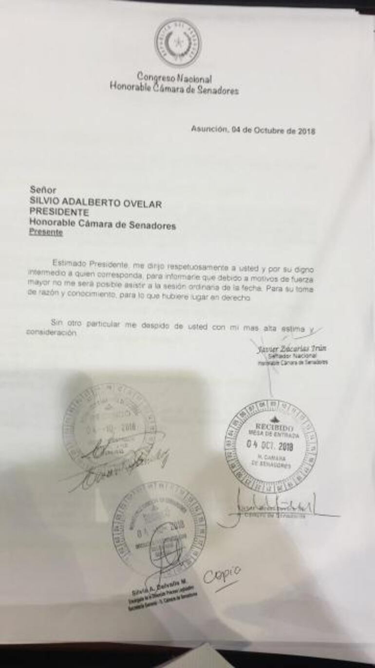 Nota presentada por Javier Zacarías Irún como justificativo de ausencia de la sesión de este jueves.