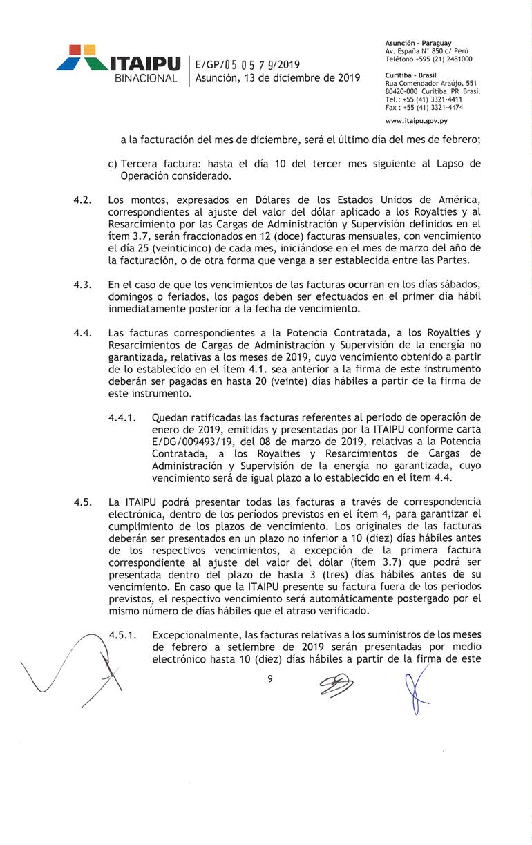 Carta Convenio entre Paraguay y Brasil sobre Itaipú, página 9.