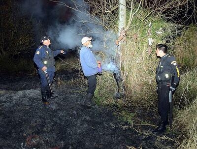 Los guardias de la propiedad acechada por presuntos sintierras observan un árbol alcanzado por el fuego.