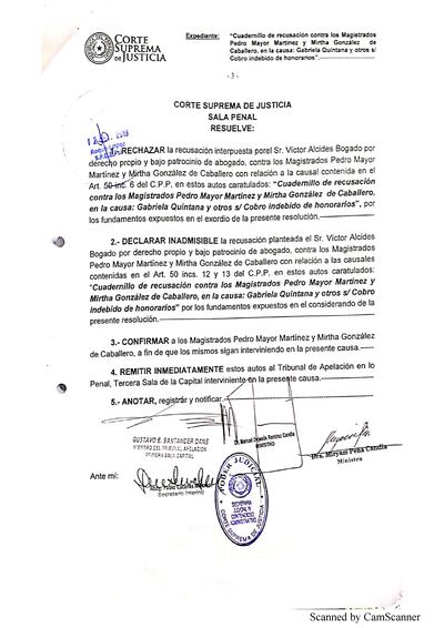 La Sala Penal de la Corte Suprema de Justicia (CSJ) confirmó a los camaristas que deben estudiar la la condena de Gabriela Quintana y el exsenador Víctor Bogado.