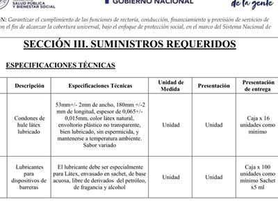 Las especificaciones técnicas requeridas por el Ministerio de Salud para la compra de condones y lubricantes.