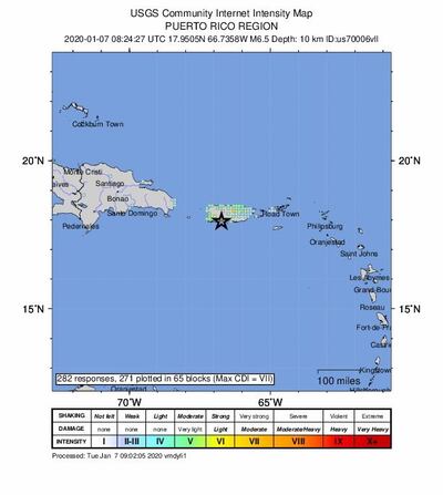 Una foto puesta a disposición por el Servicio Geológico de los Estados Unidos (USGS) muestra un mapa de un terremoto de magnitud 6.5 cerca de Tallaboa, Puerto Rico, el 07 de enero de 2020.