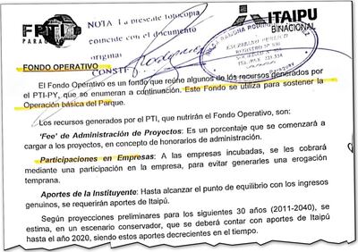 En 2012, el PTI-PY hablaba de una incubadora de empresas que ayudaría a generar fondos propios de la institución para no depender más de Itaipú. Decían que los aportes para la binacional debían ir decreciendo de cara al 2020. Eso nunca pasó.