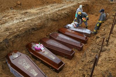 Los trabajadores del cementerio preparan los ataúdes para ser enterrados en una fosa común en el cementerio Nossa Senhora en Manaus, estado amazónico, Brasil.